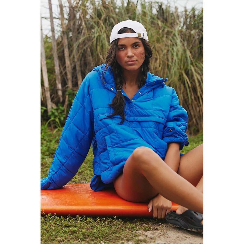 Free People FP Movement Pippa Packable Puffer Jacket Blue Hooded Pullover Small